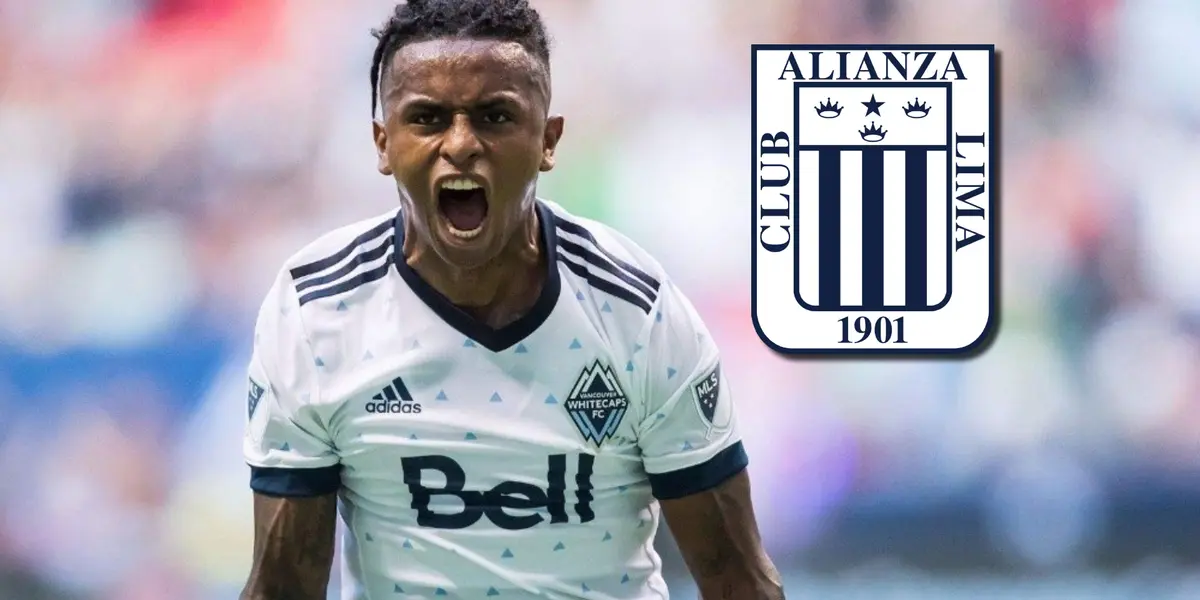 Yordy Reyna gritando un gol y el escudo de Alianza Lima